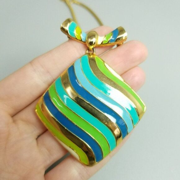 Vintage Blue Green Enamel Square Large Pendant Necklace, Gold Tone Setting - Picture 2 of 7